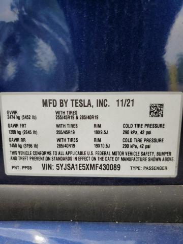 5YJSA1E5XMF430089 - 2021 TESLA MODEL S BLUE photo 12