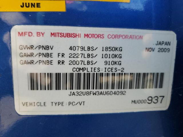 JA32U8FW3AU604092 - 2010 MITSUBISHI LANCER GTS BLUE photo 12