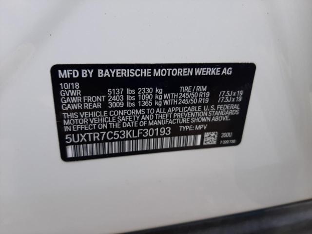 5UXTR7C53KLF30193 - 2019 BMW X3 SDRIVE30I WHITE photo 12