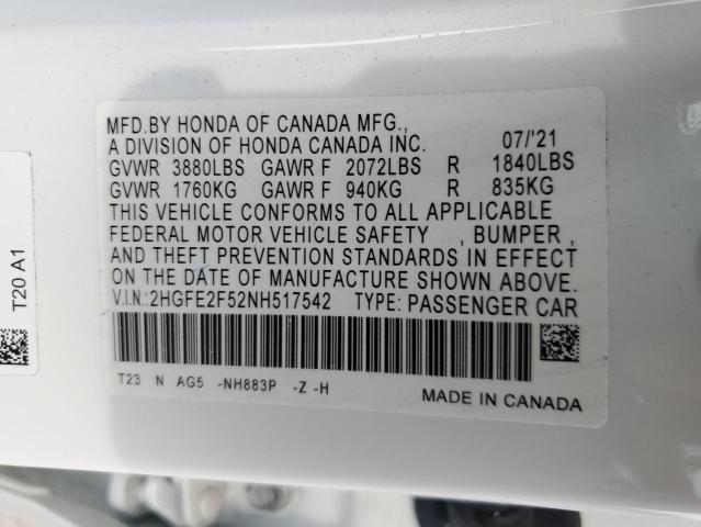 2HGFE2F52NH517542 - 2022 HONDA CIVIC SPORT 白色 照片 13