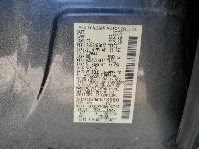 5N1AR18W76C678580 - 2006 NISSAN PATHFINDER LE GRAY photo 12