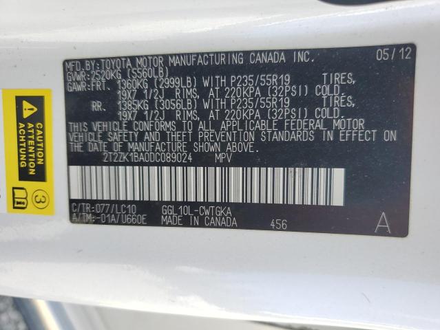 2T2ZK1BA0DC089024 - 2013 LEXUS RX 350 WHITE photo 13