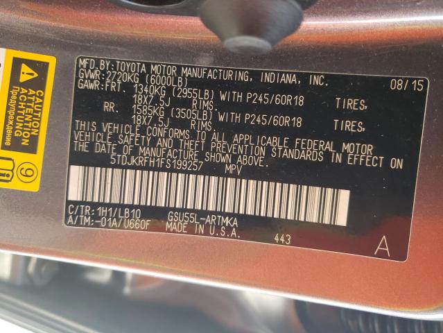 5TDJKRFH1FS199257 - 2015 TOYOTA HIGHLANDER XLE Boz foto 14