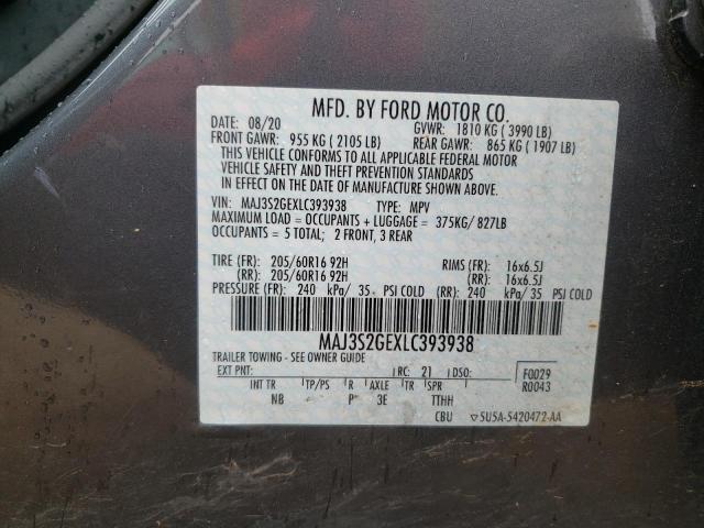 MAJ3S2GEXLC393938 - 2020 FORD ECOSPORT SE GRAY photo 12