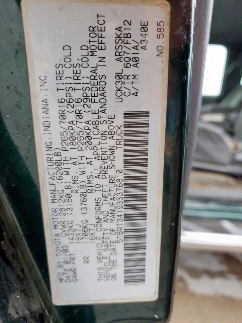 5TBRT34193S376810 - 2003 TOYOTA TUNDRA ACCESS CAB SR5 GREEN photo 12