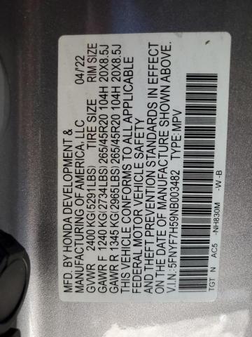 5FNYF7H59NB003482 - 2022 HONDA PASSPORT EXL Gümüş foto 13