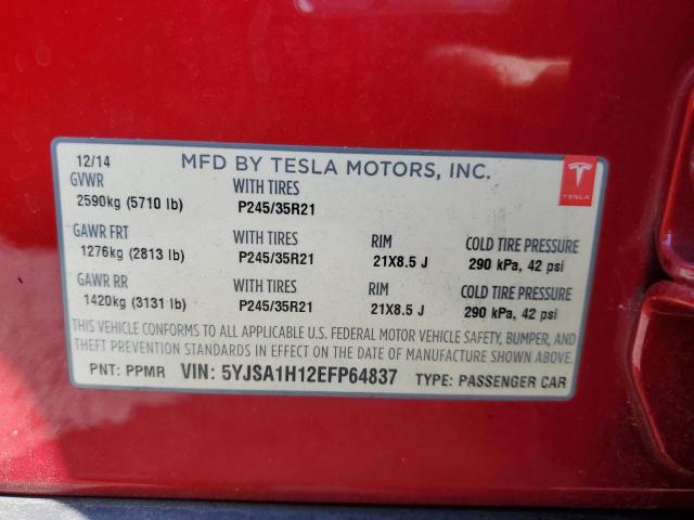 5YJSA1H12EFP64837 - 2014 TESLA MODEL S RED photo 12