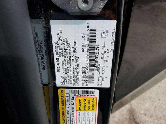 3FA6P0HD2KR230290 - 2019 FORD FUSION SE BLACK photo 12