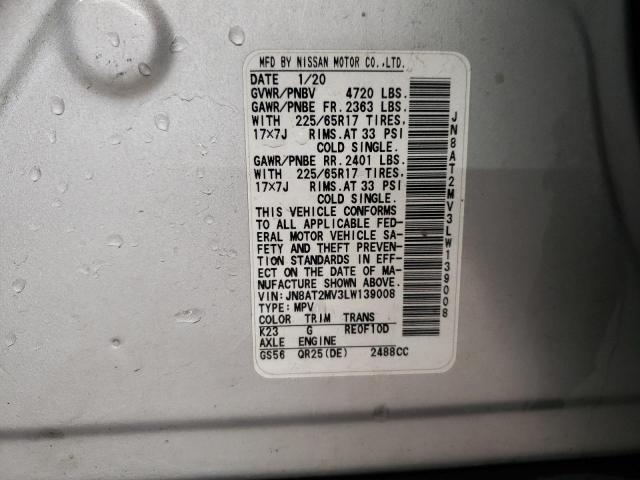 JN8AT2MV3LW139008 - 2020 NISSAN ROGUE S SILVER photo 13