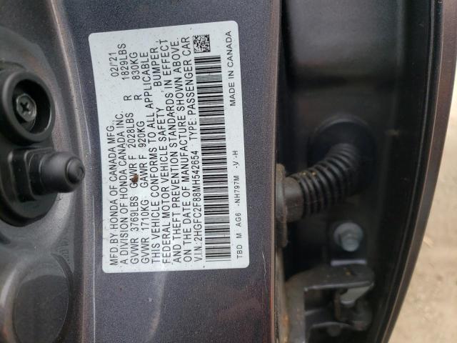 2HGFC2F88MH542654 - 2021 HONDA CIVIC SPORT 灰色 照片 12