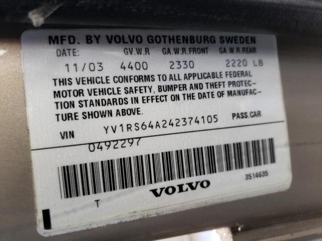 YV1RS64A242374105 - 2004 VOLVO S60 SILVER photo 10