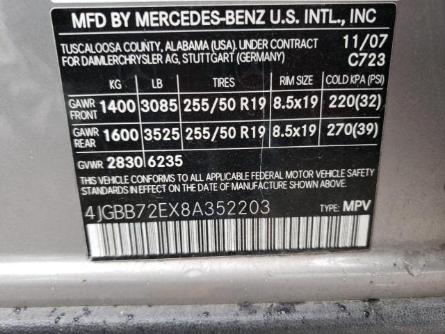 4JGBB72EX8A352203 - 2008 MERCEDES-BENZ ML 550 GRAY photo 12