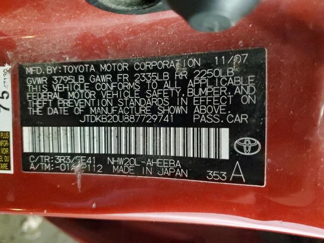 JTDKB20U887729741 - 2008 TOYOTA PRIUS RED photo 12