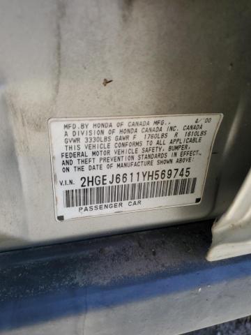 2HGEJ6611YH569745 - 2000 HONDA CIVIC BASE GRAY photo 12