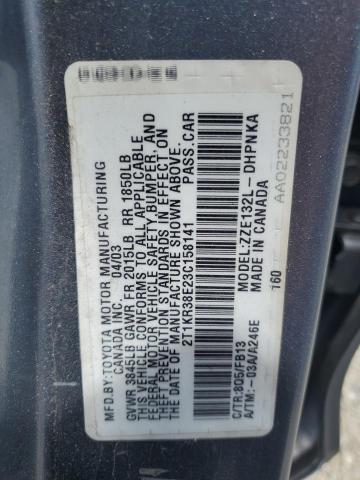 2T1KR38E23C158141 - 2003 TOYOTA COROLLA MA XR SILVER photo 12