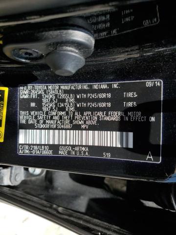 5TDKKRFH9FS046887 - 2015 TOYOTA HIGHLANDER XLE BLACK photo 13