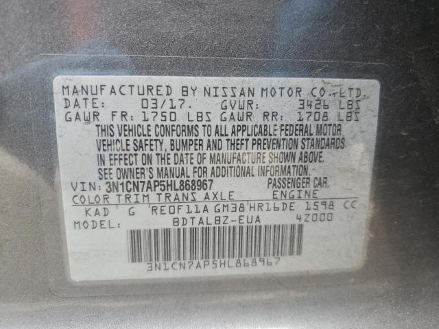 3N1CN7AP5HL868967 - 2017 NISSAN VERSA S GRAY photo 12