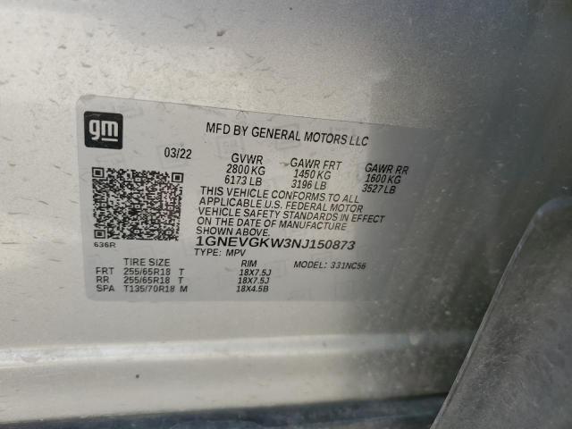 1GNEVGKW3NJ150873 - 2022 CHEVROLET TRAVERSE LT SILVER photo 13