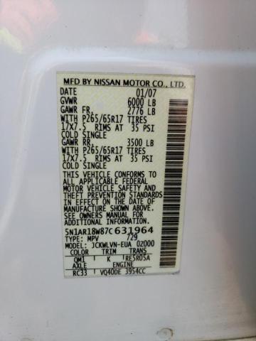 5N1AR18W87C631964 - 2007 NISSAN PATHFINDER LE WHITE photo 12