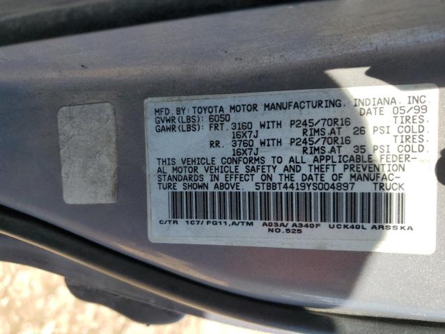 5TBBT4419YS004897 - 2000 TOYOTA TUNDRA ACCESS CAB GRAY photo 12