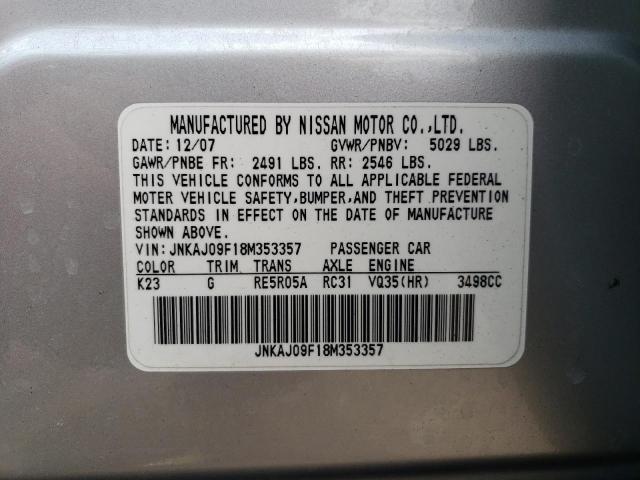 JNKAJ09F18M353357 - 2008 INFINITI EX35 BASE ვერცხლისფერი ფოტო 12