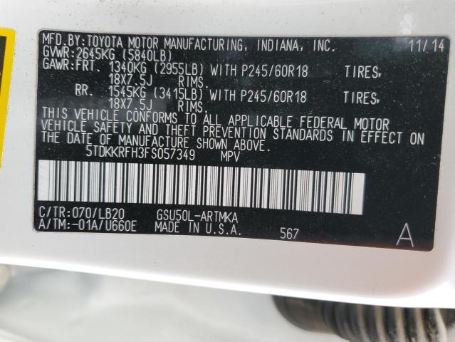 5TDKKRFH3FS057349 - 2015 TOYOTA HIGHLANDER XLE Ağ foto 13