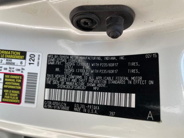 5TDYK3DC3FS580367 - 2015 TOYOTA SIENNA XLE WHITE photo 10