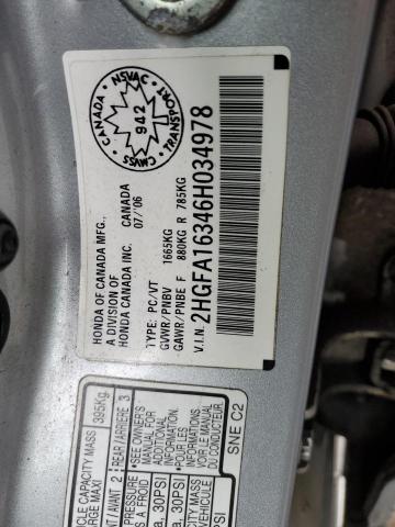 2HGFA16346H034978 - 2006 HONDA CIVIC DX VP Արծաթագույն լուսանկար 12