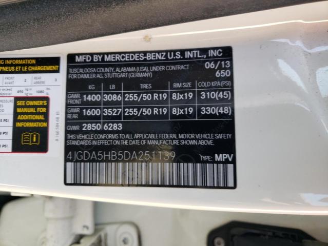 4JGDA5HB5DA251139 - 2013 MERCEDES-BENZ ML 350 4MATIC WHITE photo 13