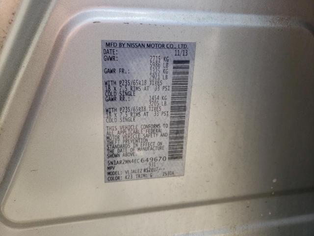 5N1AR2MN4EC649670 - 2014 NISSAN PATHFINDER S 银色 照片 13