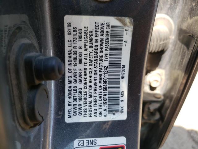 19XFA16649E011242 - 2009 HONDA CIVIC LX-S Մոխրագույն լուսանկար 12