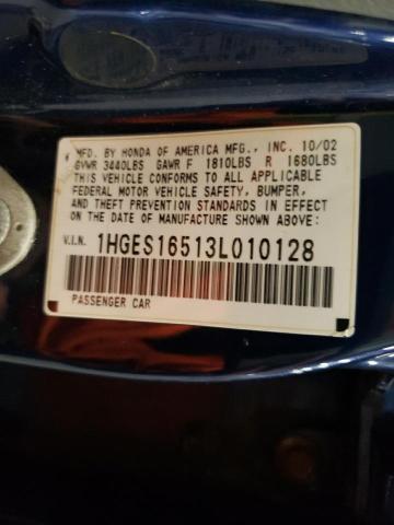 1HGES16513L010128 - 2003 HONDA CIVIC LX BLUE photo 12