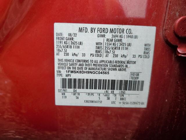 1FMSK8DH9NGC04565 - 2022 FORD EXPLORER XLT Czerwony zdjęcie 13