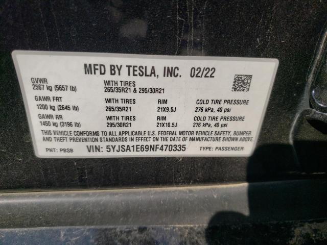 5YJSA1E69NF470335 - 2022 TESLA MODEL S Սև լուսանկար 12
