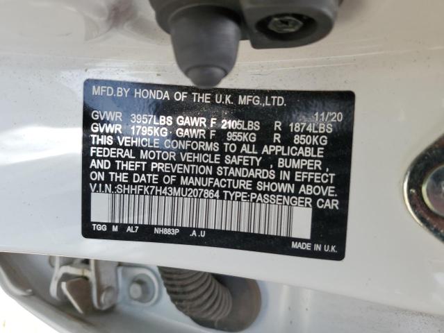 SHHFK7H43MU207864 - 2021 HONDA CIVIC SPORT 白色 照片 12