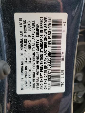 19XFC1F39LE202064 - 2020 HONDA CIVIC EX BLUE photo 12