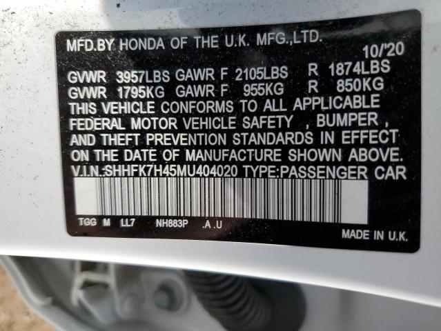 SHHFK7H45MU404020 - 2021 HONDA CIVIC SPORT 白色 照片 10