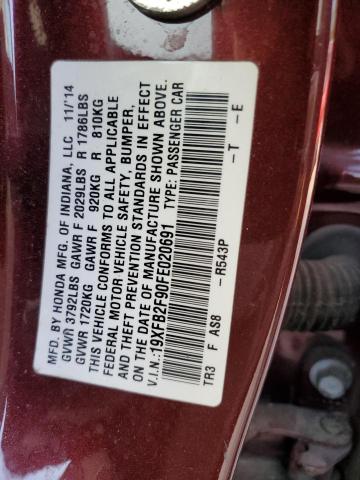 19XFB2F90FE020691 - 2015 HONDA CIVIC EXL 勃艮第红 照片 12