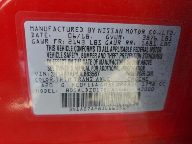 3N1AB7AP8JL663567 - 2018 NISSAN SENTRA S RED photo 12