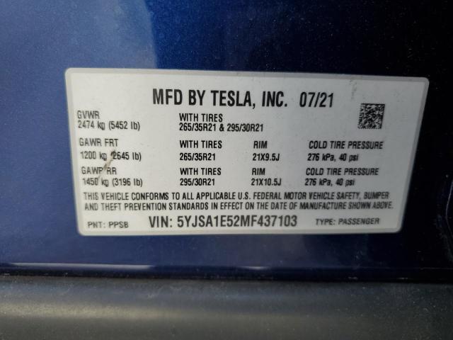 5YJSA1E52MF437103 - 2021 TESLA MODEL S BLUE photo 13