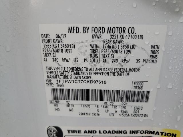 1FTFW1CT7CKD97610 - 2012 FORD F150 SUPERCREW WHITE photo 12