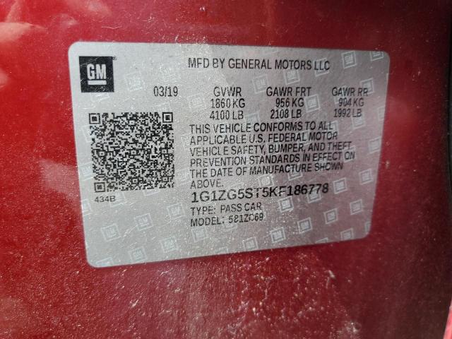 1G1ZG5ST5KF186778 - 2019 CHEVROLET MALIBU RS RED photo 12