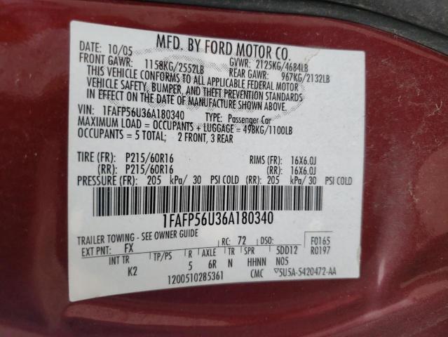 1FAFP56U36A180340 - 2006 FORD TAURUS SEL MAROON photo 12