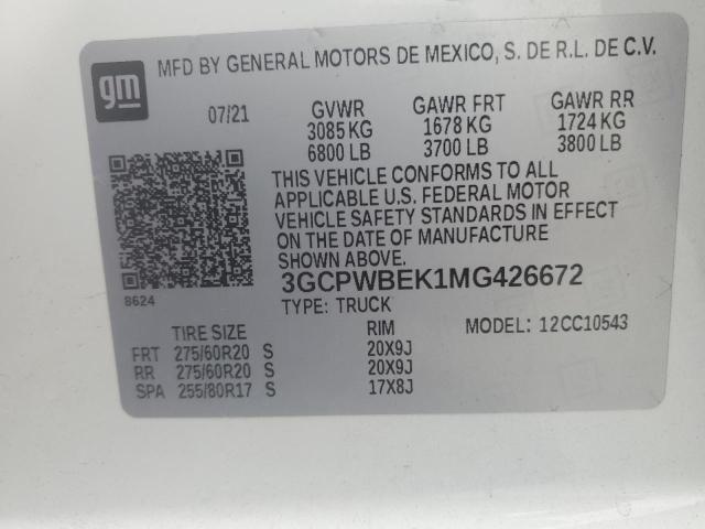 3GCPWBEK1MG426672 - 2021 CHEVROLET SILVERADO C1500 CUSTOM WHITE photo 12