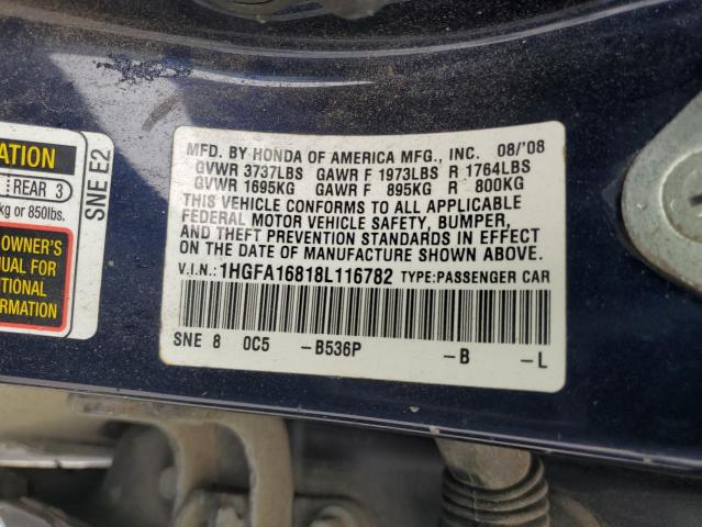 1HGFA16818L116782 - 2008 HONDA CIVIC EX BLUE photo 12