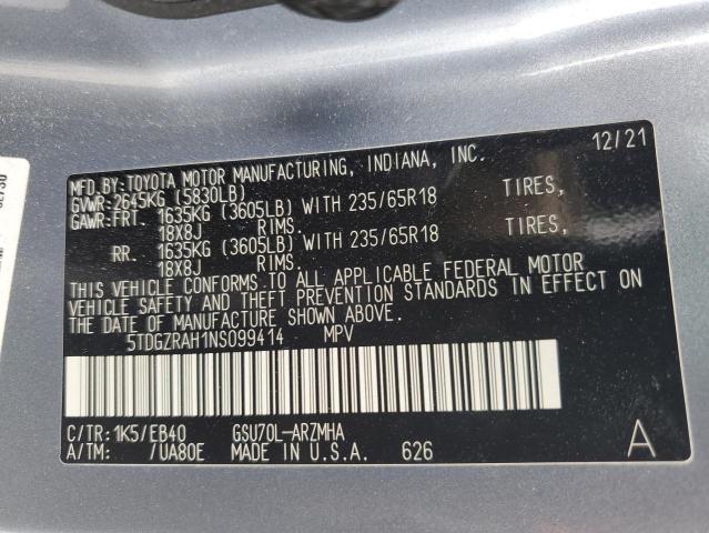 5TDGZRAH1NS099414 - 2022 TOYOTA HIGHLANDER XLE ლურჯი ფოტო 14