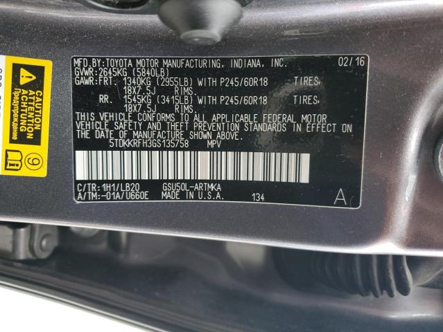 5TDKKRFH3GS135758 - 2016 TOYOTA HIGHLANDER XLE CHARCOAL photo 14