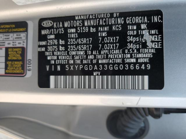 5XYPGDA33GG036649 - 2016 KIA SORENTO LX SILVER photo 13