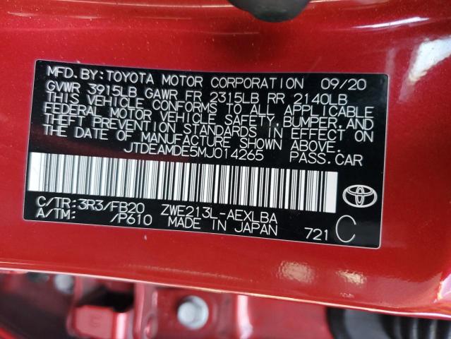 JTDEAMDE5MJ014265 - 2021 TOYOTA COROLLA LE RED photo 12