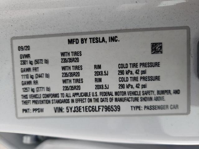 5YJ3E1EC6LF796539 - 2020 TESLA MODEL 3 WHITE photo 12